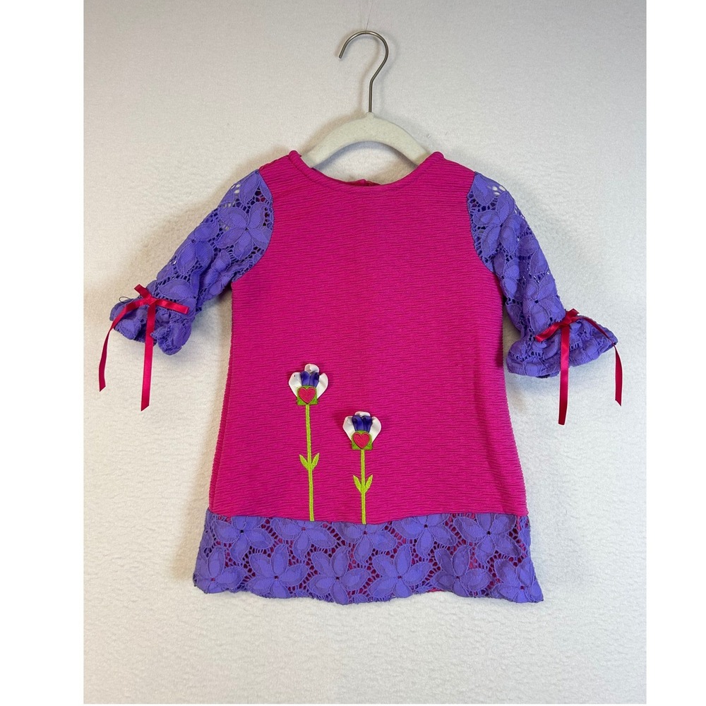 Whimsical Counting Daisies Kids 24M Pink Purple Lace‎ Trim Floral Applique Dress